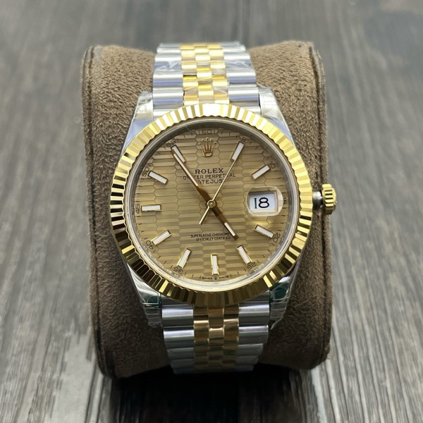 Datejust series men's and women's watches with wave pattern gold dial, gold bezel, 36mm and 41mm sizes, and two-tone five-link bracelet.